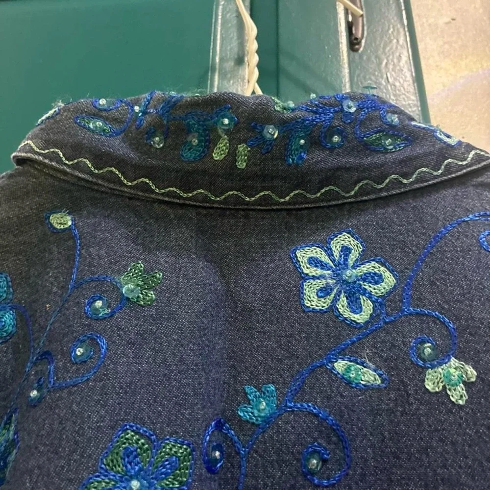 Coldwater Creek Dark Blue Denim Jacket with Blue Floral Embroidery